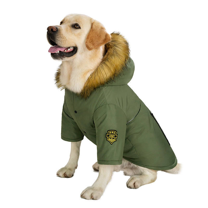 KFX-6913469 Thick Army Green Down Jacket for Large Dogs, Polar Fleece Lined, Autumn & Winter Wear