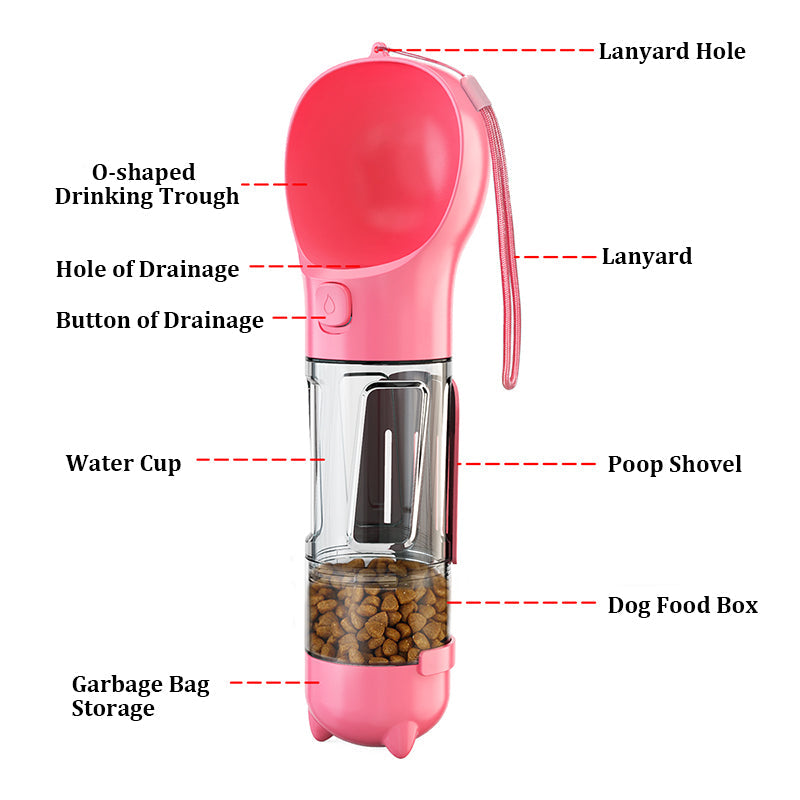 KFX-6915133 Multi-functional Pet Water Bottle with Poo Bag and Shovel - 300ml Capacity in Multiple Colors