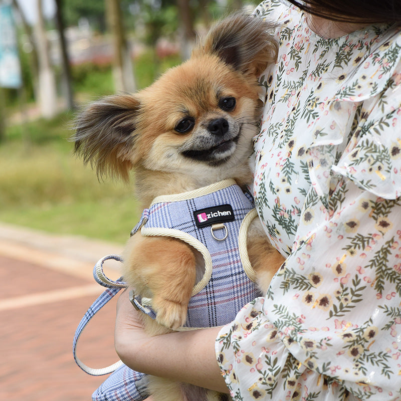 KFX-6918845 Sky Blue Checkered Chest Harness with Convenient Buckle Design for Pets
