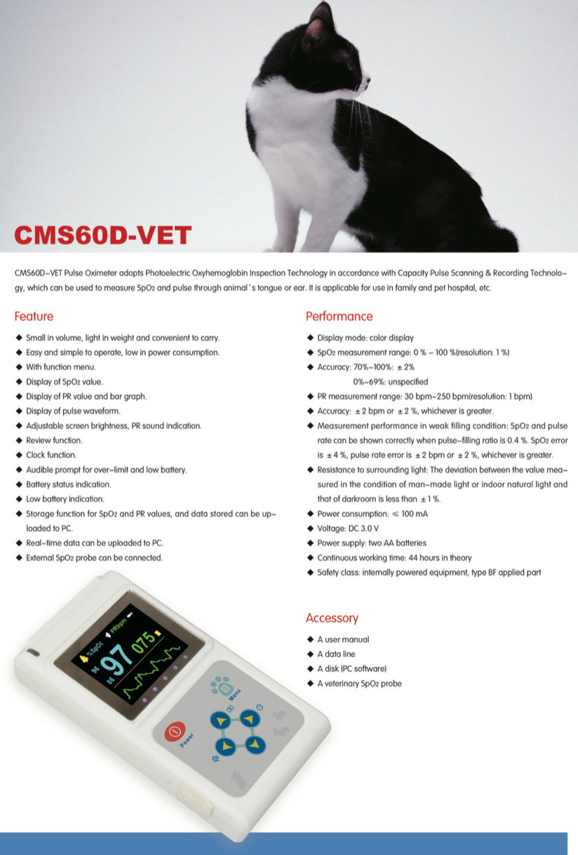 KFX-6920509 Veterinary Color Display Pulse Oximeter CMS60D-VET with Ear Lobe Sensor for Animal Health Monitoring