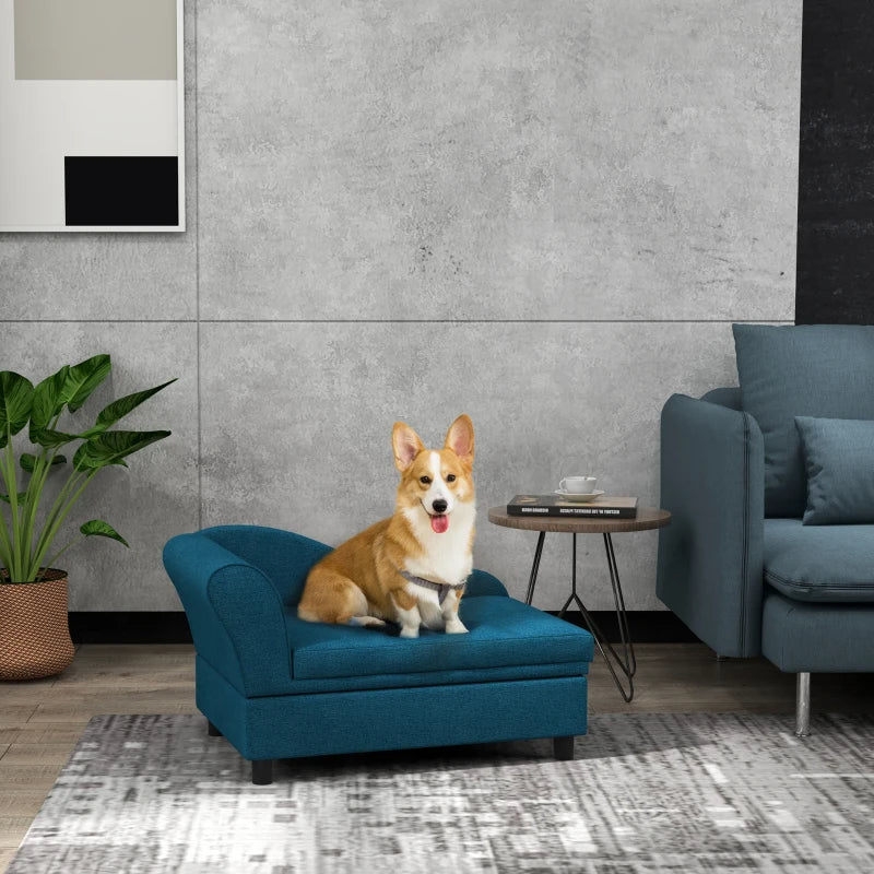 KFX-6926269 Cozy Dark Blue Pet Sofa with Storage for Small Dogs - Tufted Cushion and Armrests