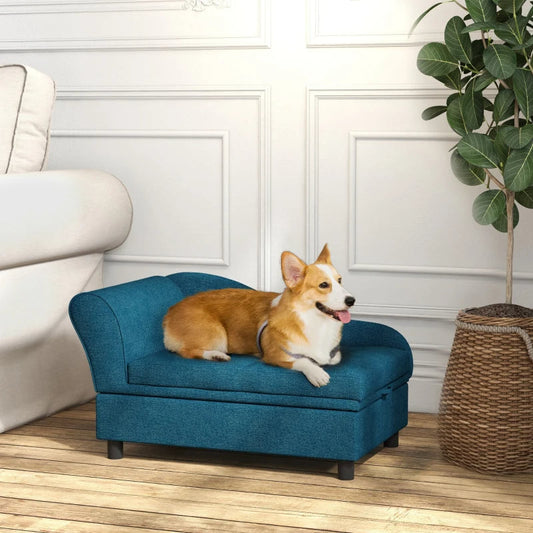 KFX-6926269 Cozy Dark Blue Pet Sofa with Storage for Small Dogs - Tufted Cushion and Armrests