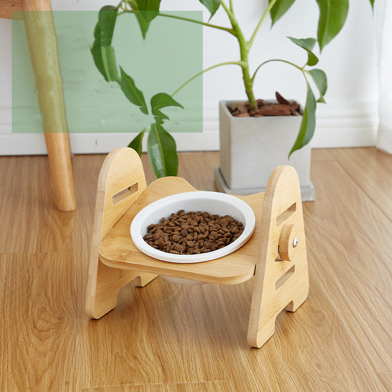KFX-6930749 Ergonomic Wooden Cat Bowl with Ceramic Double Bowls for Comfortable Feeding