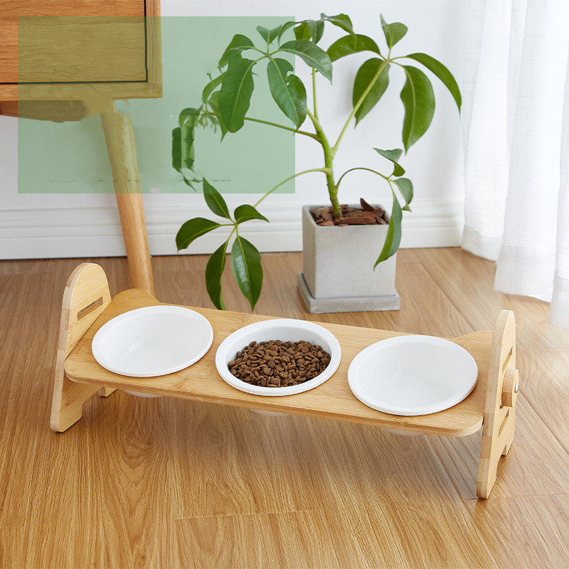 KFX-6930749 Ergonomic Wooden Cat Bowl with Ceramic Double Bowls for Comfortable Feeding