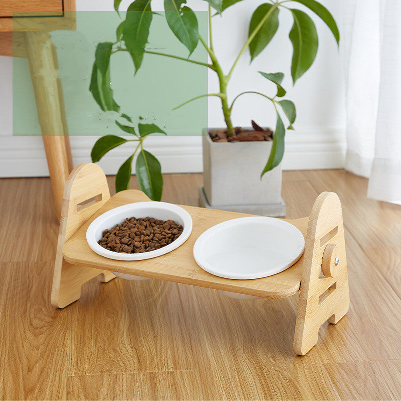 KFX-6930749 Ergonomic Wooden Cat Bowl with Ceramic Double Bowls for Comfortable Feeding
