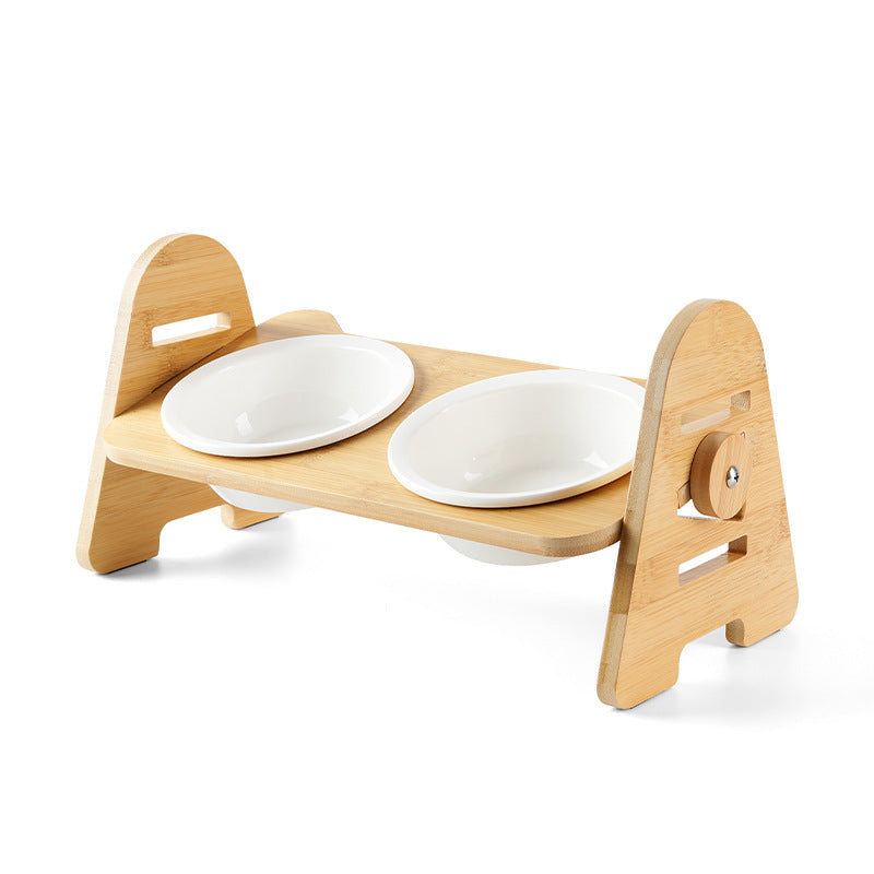 KFX-6930749 Ergonomic Wooden Cat Bowl with Ceramic Double Bowls for Comfortable Feeding