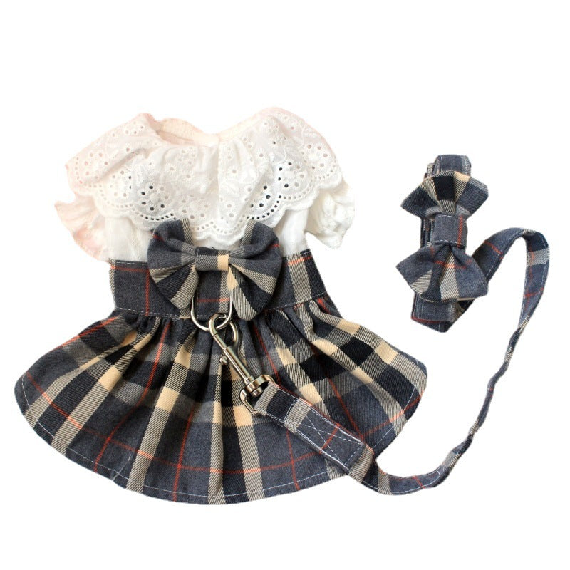 KFX-6935997 Casual Grey Plaid Dog Skirt with Drawstring and Attached Leash