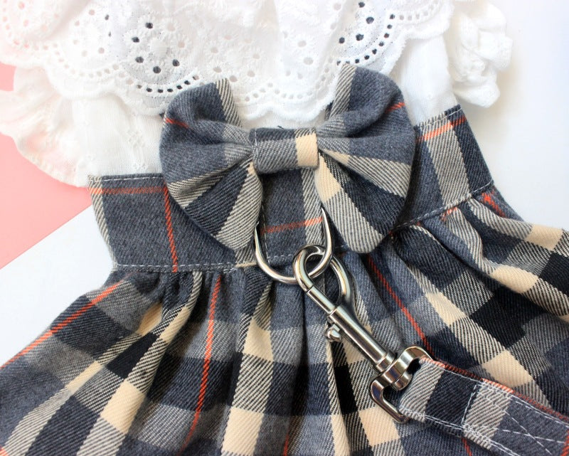 KFX-6935997 Casual Grey Plaid Dog Skirt with Drawstring and Attached Leash