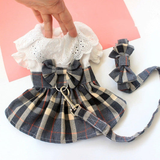 KFX-6935997 Casual Grey Plaid Dog Skirt with Drawstring and Attached Leash