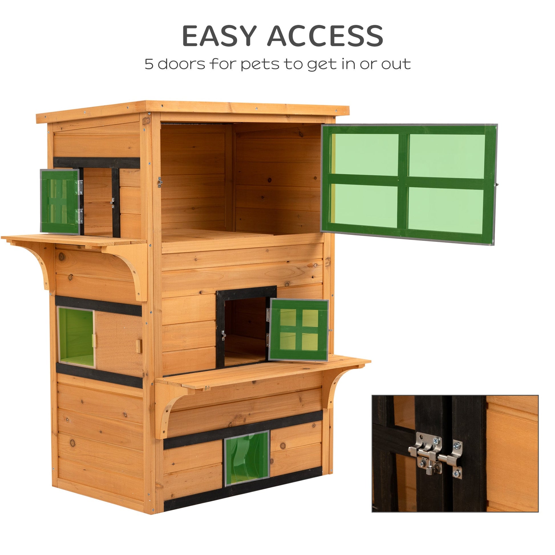 KFX-6936381 3-Tier Outdoor Cat House with Escape Doors, Weather-Resistant Fir Wood Shelter in Yellow and Black