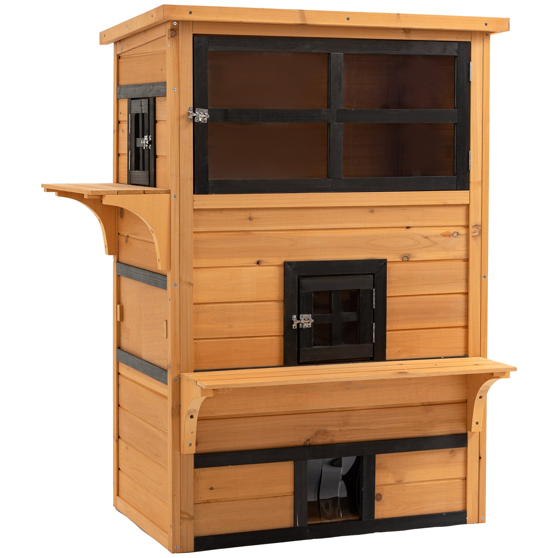 KFX-6936381 3-Tier Outdoor Cat House with Escape Doors, Weather-Resistant Fir Wood Shelter in Yellow and Black