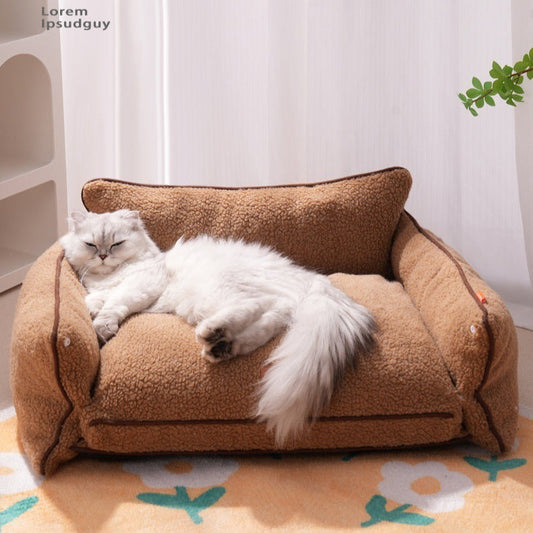 KFX-6938173 Cozy Brown and White Removable Lambswool Pet Bed for Dogs and Cats - All Season Universal Sofa