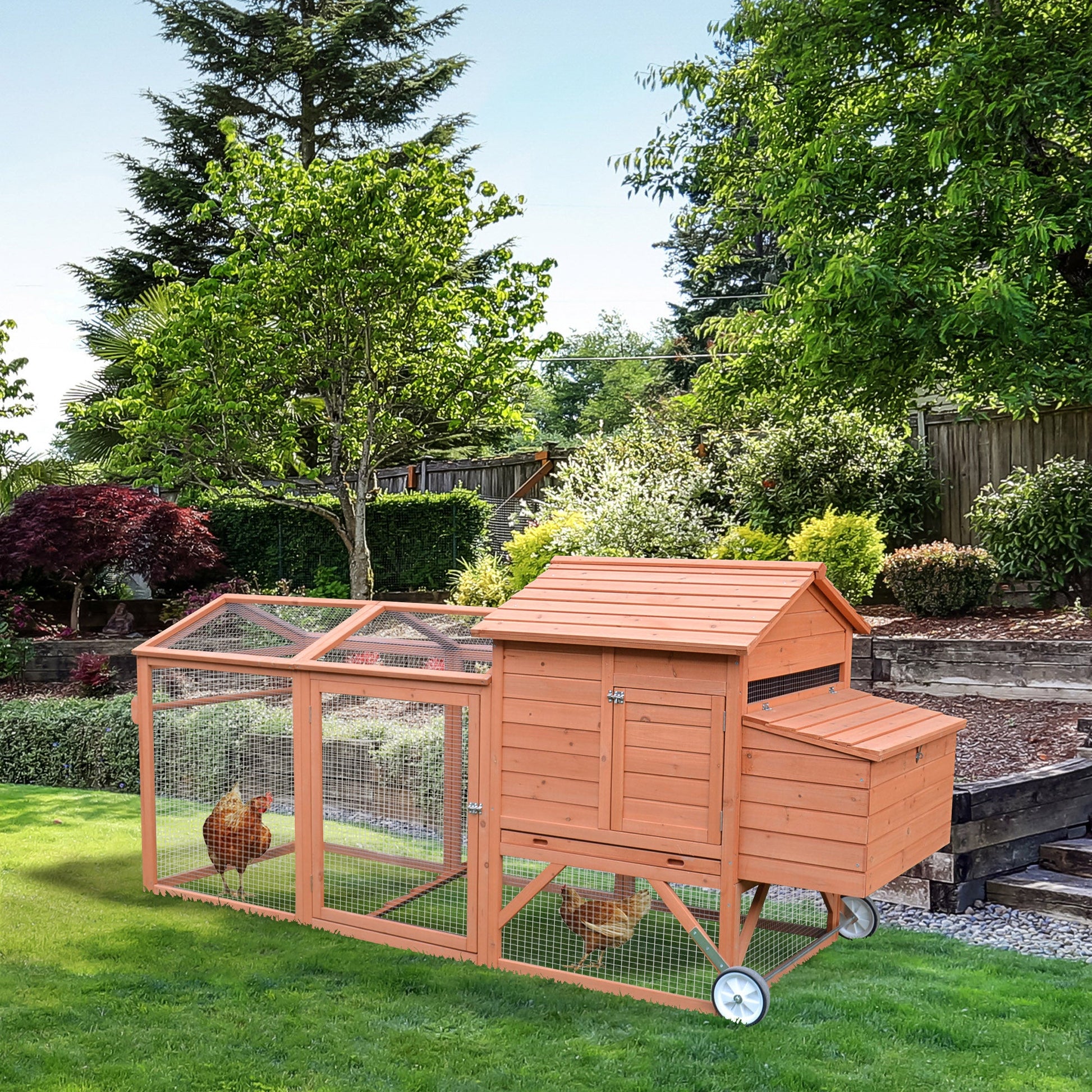 KFX-6939965 Portable Chicken Coop with Wheels and Nesting Box - 96.5" Poultry Cage for Backyard Use
