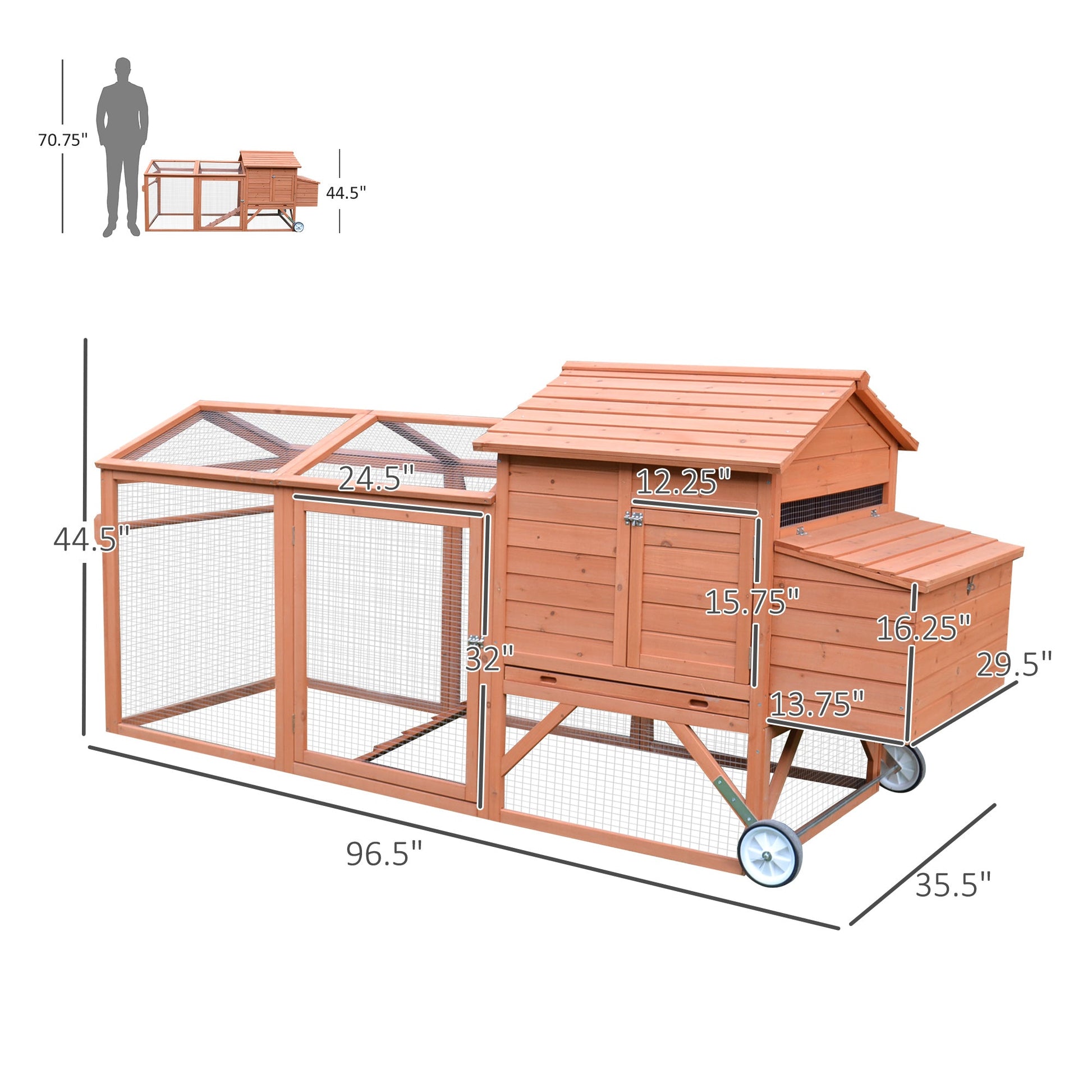 KFX-6939965 Portable Chicken Coop with Wheels and Nesting Box - 96.5" Poultry Cage for Backyard Use