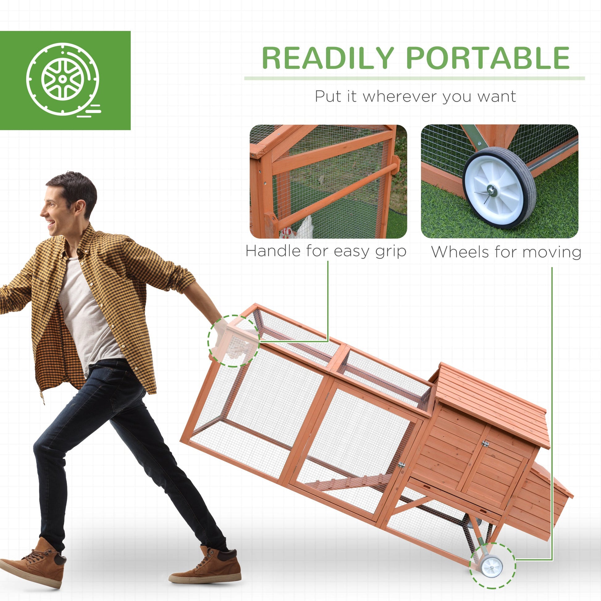 KFX-6939965 Portable Chicken Coop with Wheels and Nesting Box - 96.5" Poultry Cage for Backyard Use