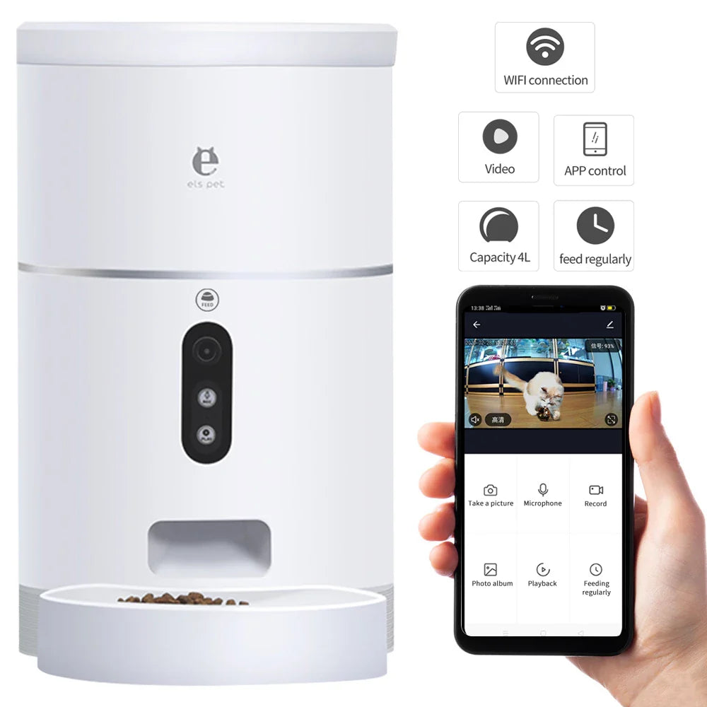 KFX-6940093 Automatic Pet Food Dispenser with Camera and APP Control, 4L Capacity, 1080P HD Video, Ideal for Cats and Dogs