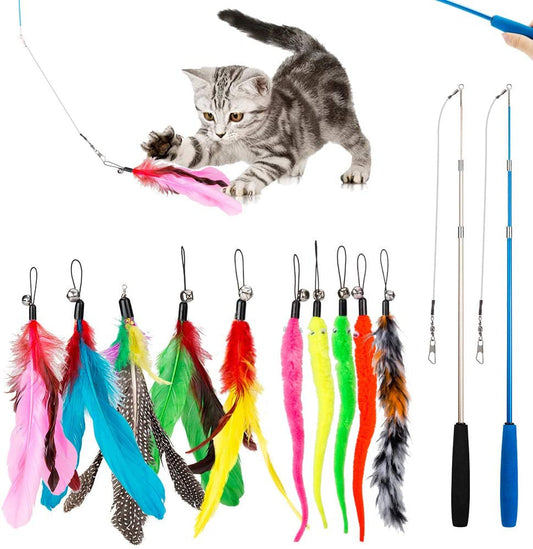 KFX-6946877 Handheld Cat Teaser Fishing Rod with 10 Replacement Feather Heads