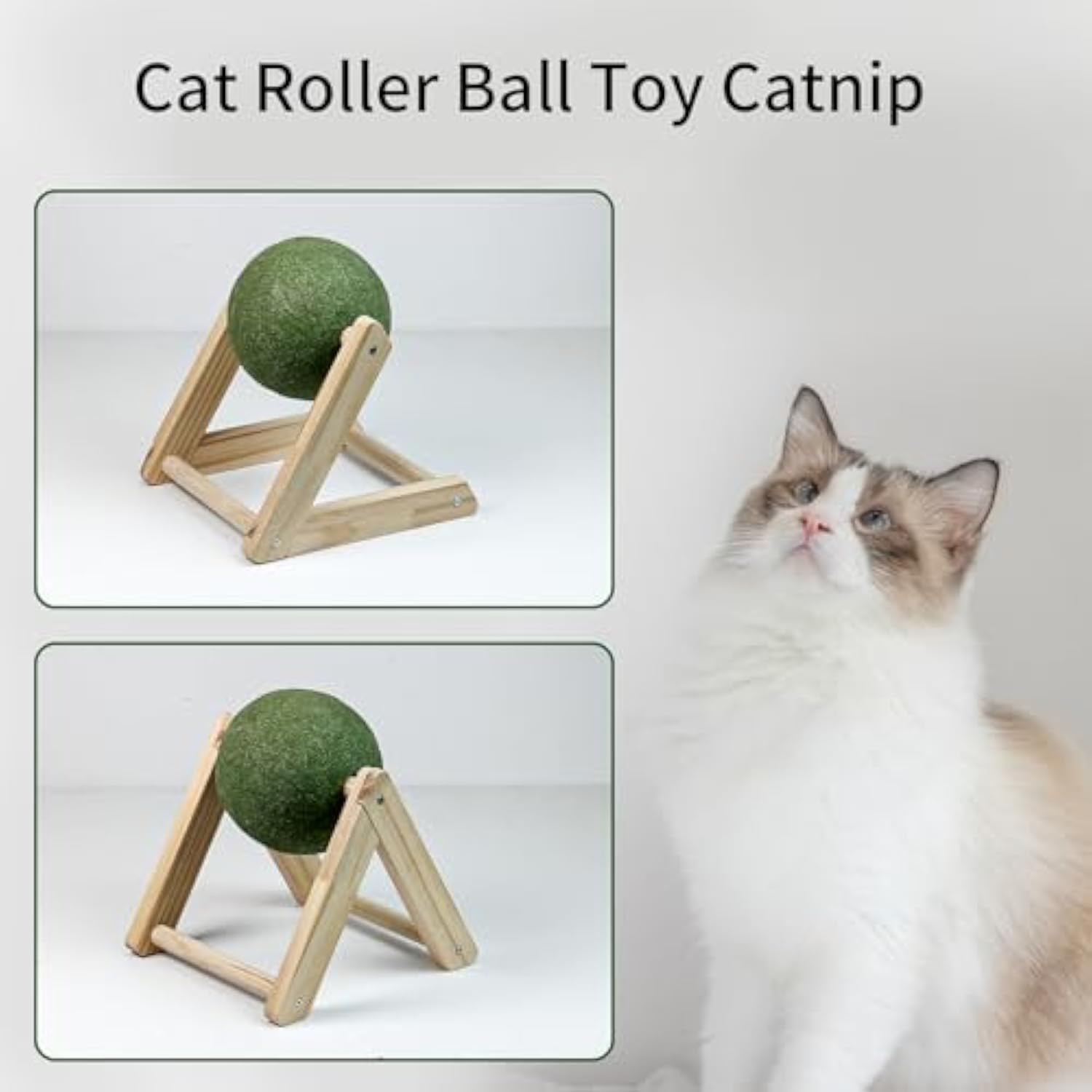 KFX-6949309 Natural Catnip Ball Toy with Wooden Holder for Indoor Cats - Safe and Healthy Catnip Treats