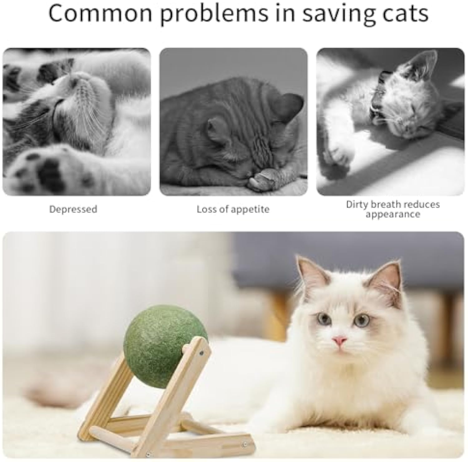 KFX-6949309 Natural Catnip Ball Toy with Wooden Holder for Indoor Cats - Safe and Healthy Catnip Treats