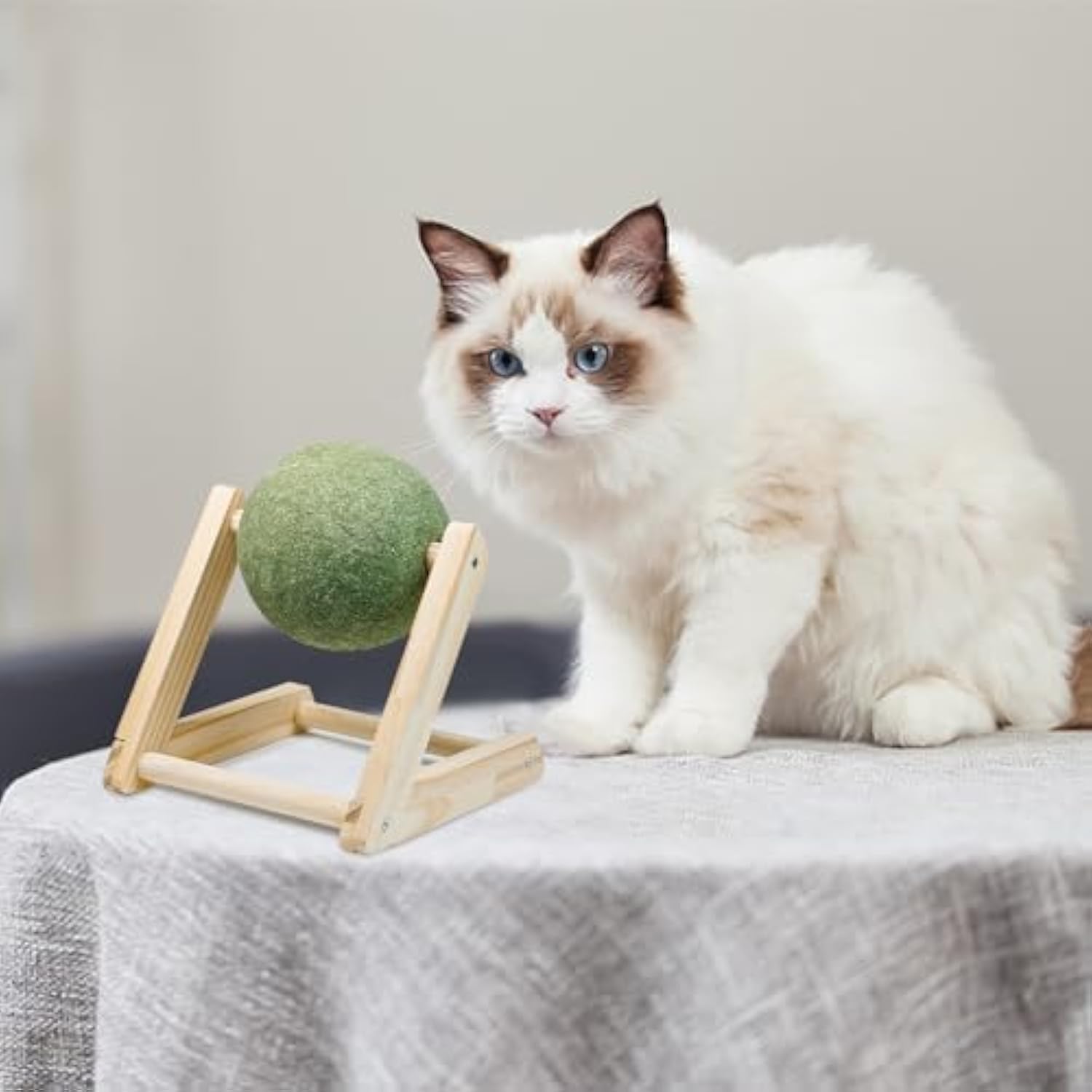 KFX-6949309 Natural Catnip Ball Toy with Wooden Holder for Indoor Cats - Safe and Healthy Catnip Treats