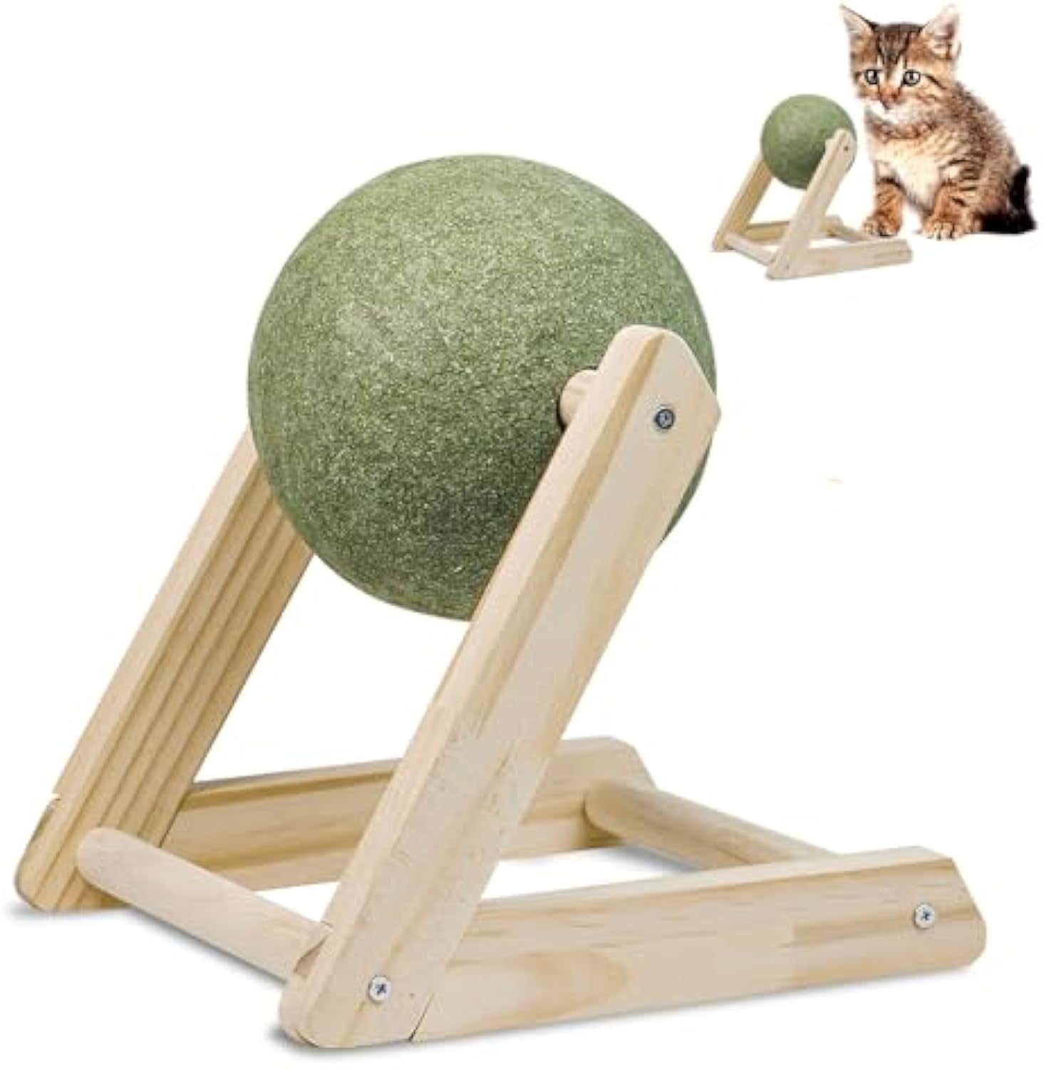 KFX-6949309 Natural Catnip Ball Toy with Wooden Holder for Indoor Cats - Safe and Healthy Catnip Treats