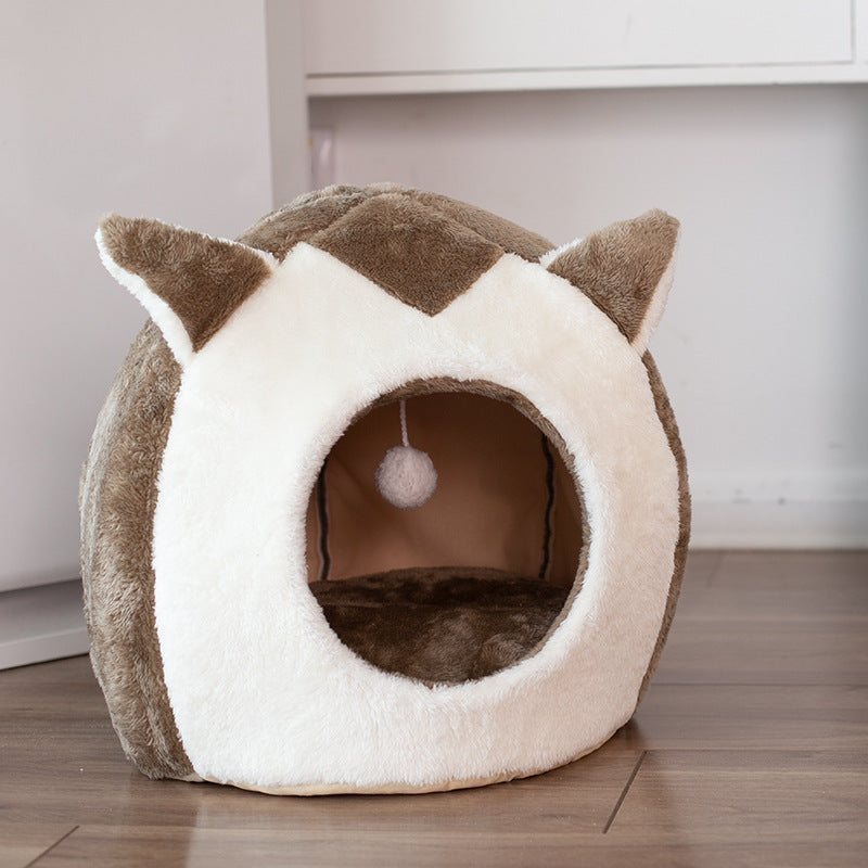 KFX-6973117 Removable and Washable Cartoon Cat House for Small Pets - Brown