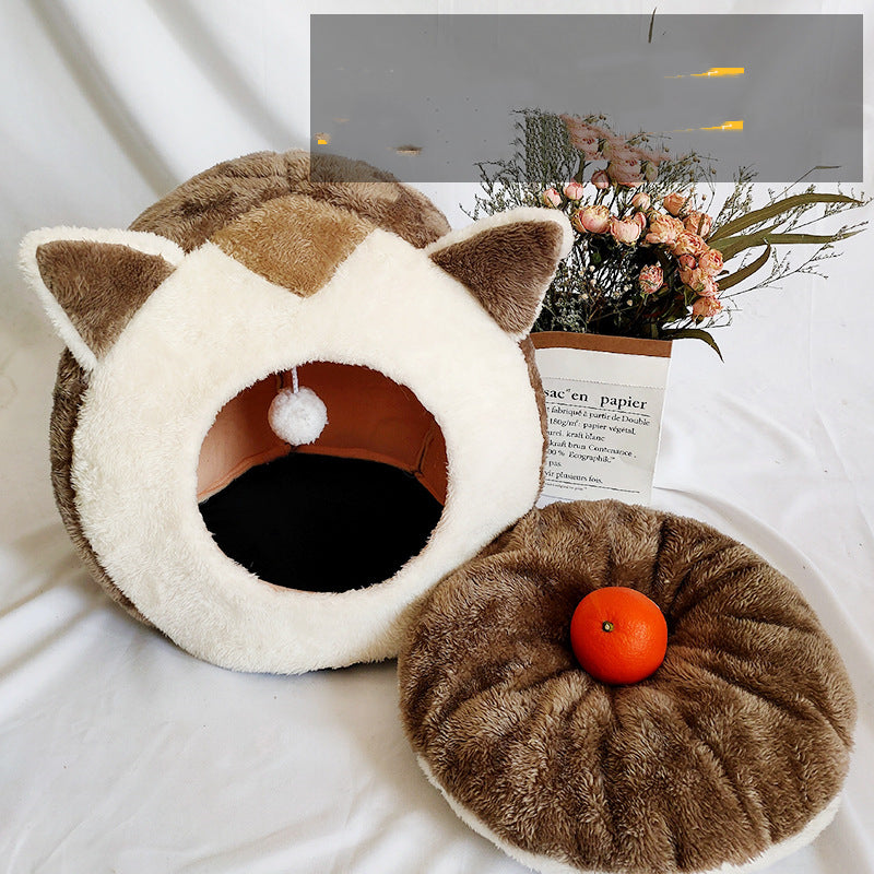 KFX-6973117 Removable and Washable Cartoon Cat House for Small Pets - Brown