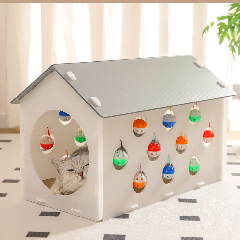KFX-6974141 Cat Scratch Board with Integrated Nest and Toy Tunnel for Playful Cats