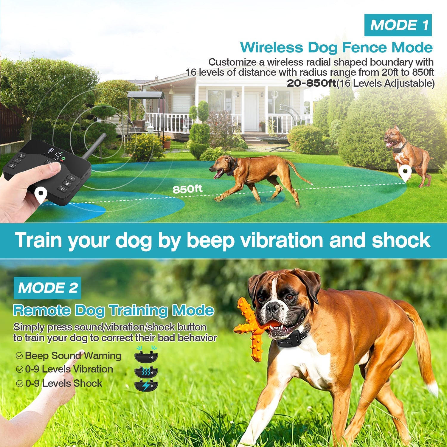 KFX-6974525 Wireless Electric Dog Fence and Training Collar System with Two Receiver Collars for Small to Large Dogs