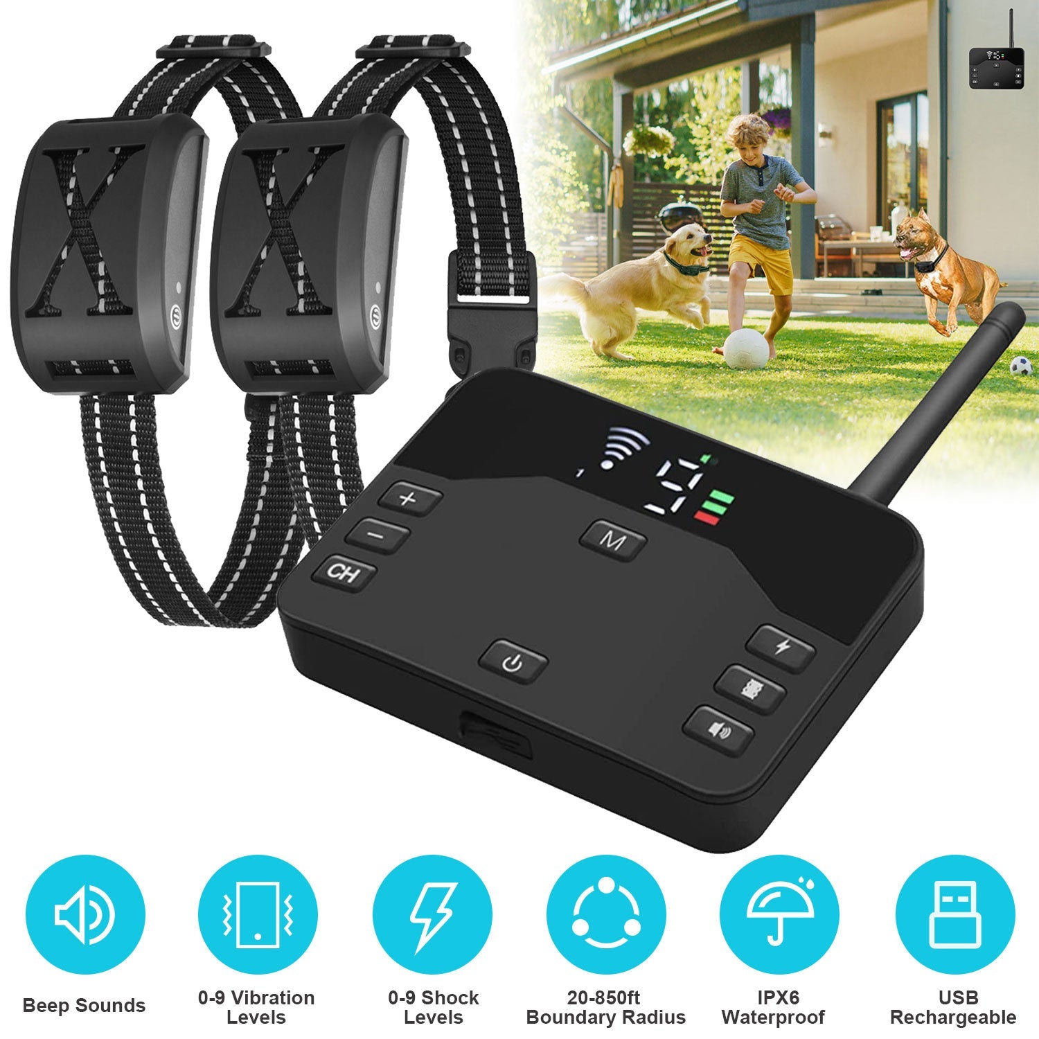 KFX-6974525 Wireless Electric Dog Fence and Training Collar System with Two Receiver Collars for Small to Large Dogs