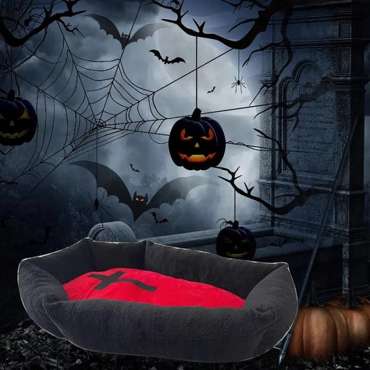 KFX-6983869 Cozy Halloween-Themed Pet Bed for Dogs and Cats - Wooden Design