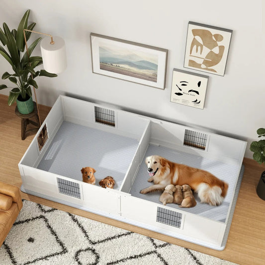KFX-6984253 Adjustable Two-Room Dog Whelping Box with Washable Pee Pad for Large Breeds