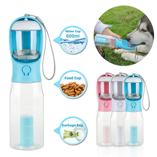 KFX-6986429 3-in-1 Portable Water Bottle & Food Feeder with Poop Dispenser for Pets - Leak-Proof, Convenient, and Compact Design