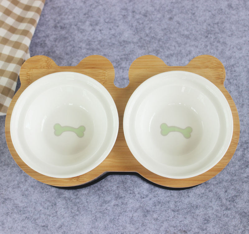 KFX-6986557 Slanted Pet Bowl with Bamboo Stand in Fish Bones and Paws Design