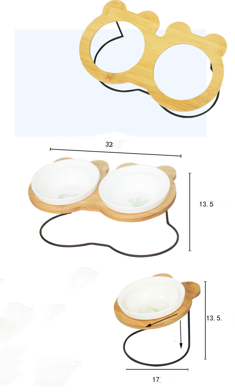 KFX-6986557 Slanted Pet Bowl with Bamboo Stand in Fish Bones and Paws Design