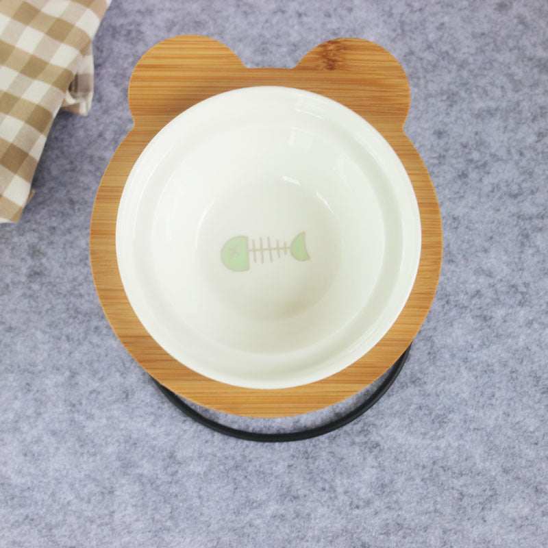 KFX-6986557 Slanted Pet Bowl with Bamboo Stand in Fish Bones and Paws Design