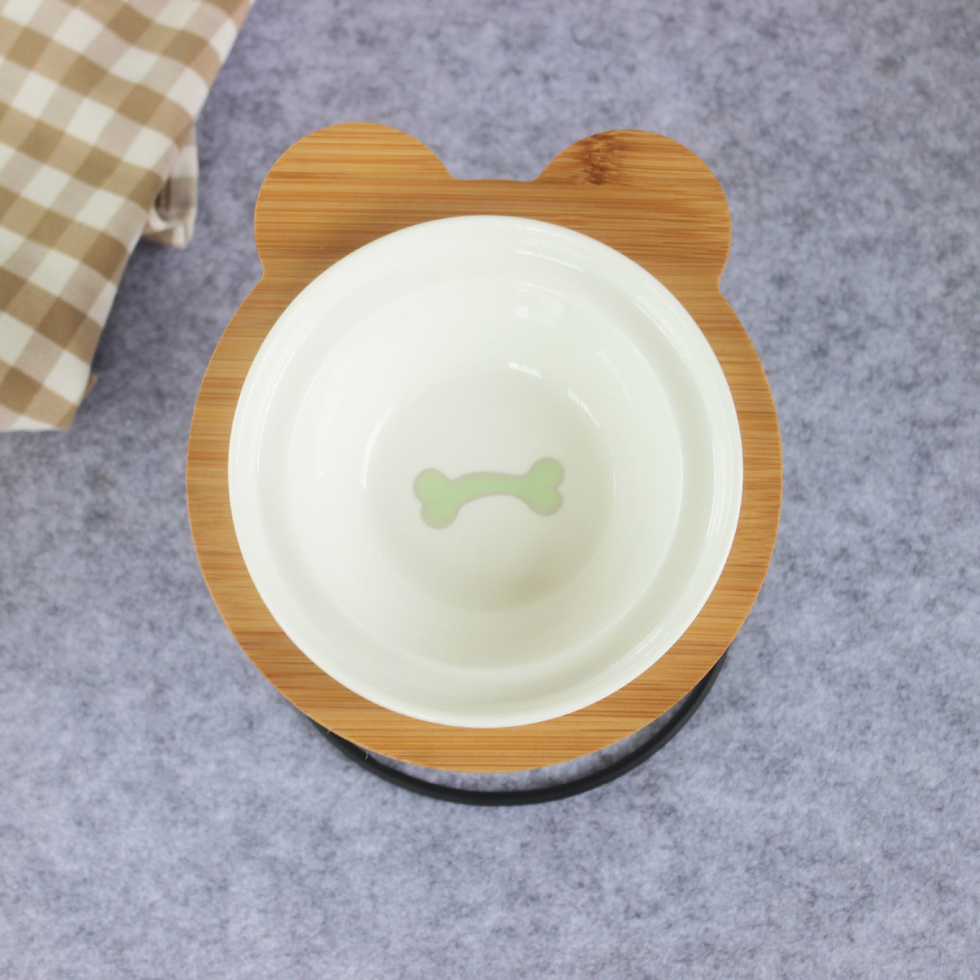 KFX-6986557 Slanted Pet Bowl with Bamboo Stand in Fish Bones and Paws Design