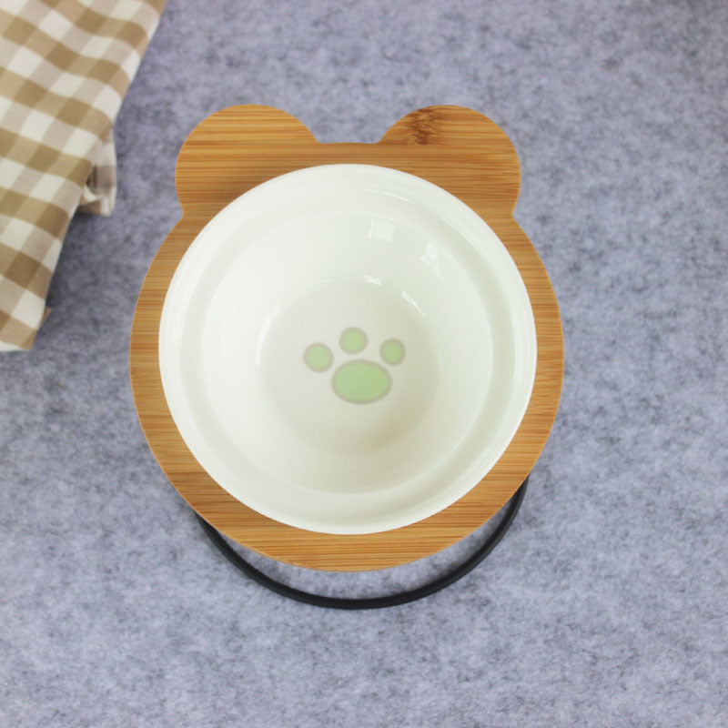 KFX-6986557 Slanted Pet Bowl with Bamboo Stand in Fish Bones and Paws Design