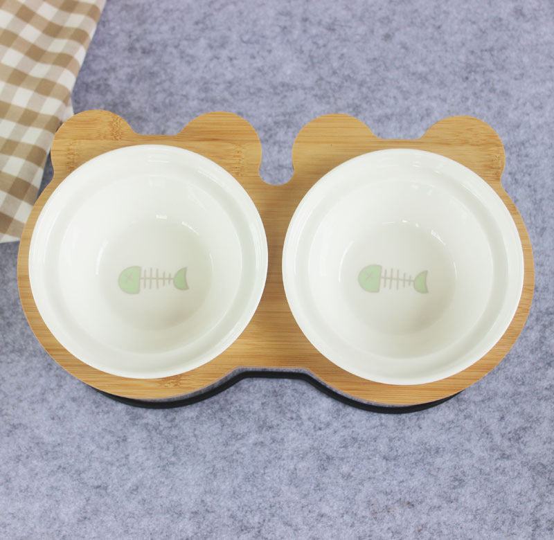 KFX-6986557 Slanted Pet Bowl with Bamboo Stand in Fish Bones and Paws Design