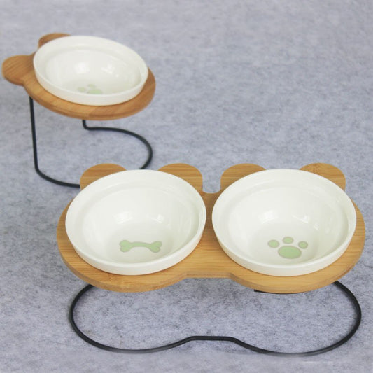 KFX-6986557 Slanted Pet Bowl with Bamboo Stand in Fish Bones and Paws Design
