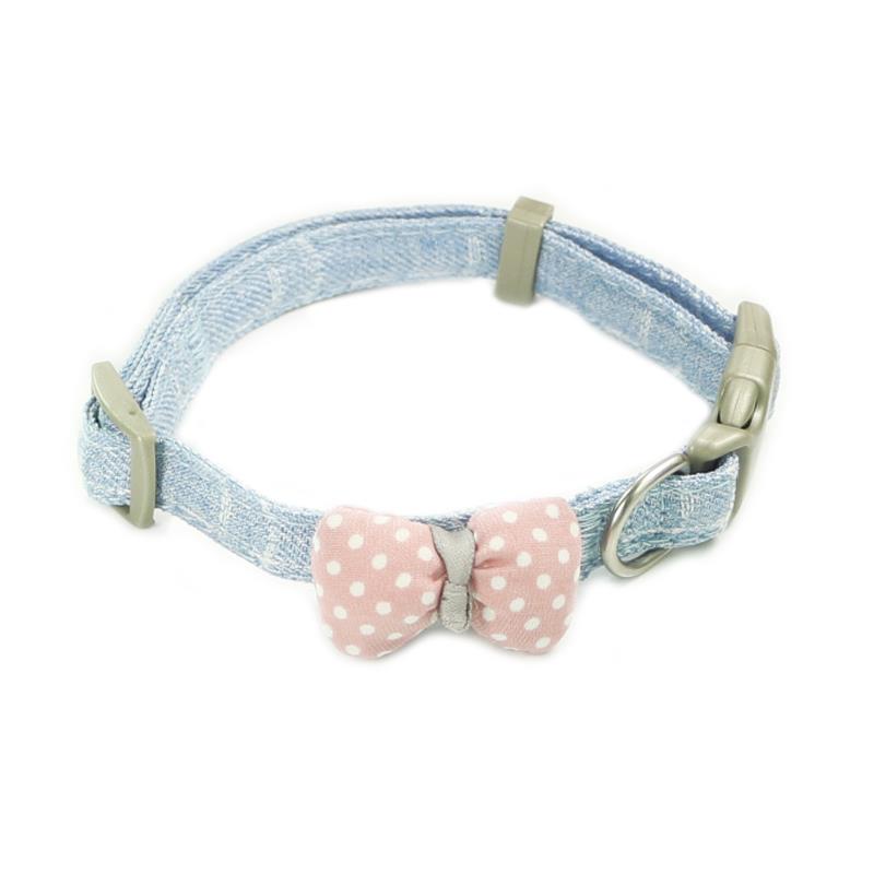 KFX-6992573 Polka Dot Bow Cat Collar in Pink, Gray, and Blue - Adjustable Cloth Design