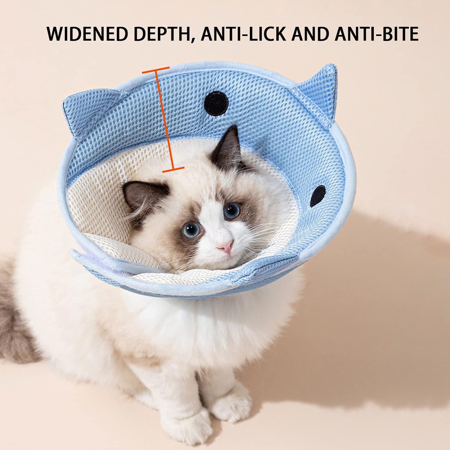 KFX-6993597 Soft and Breathable Shark-Shaped Recovery Cone for Cats and Kittens, Comfortable Neck Protection for Grooming and Post-Surgery Care