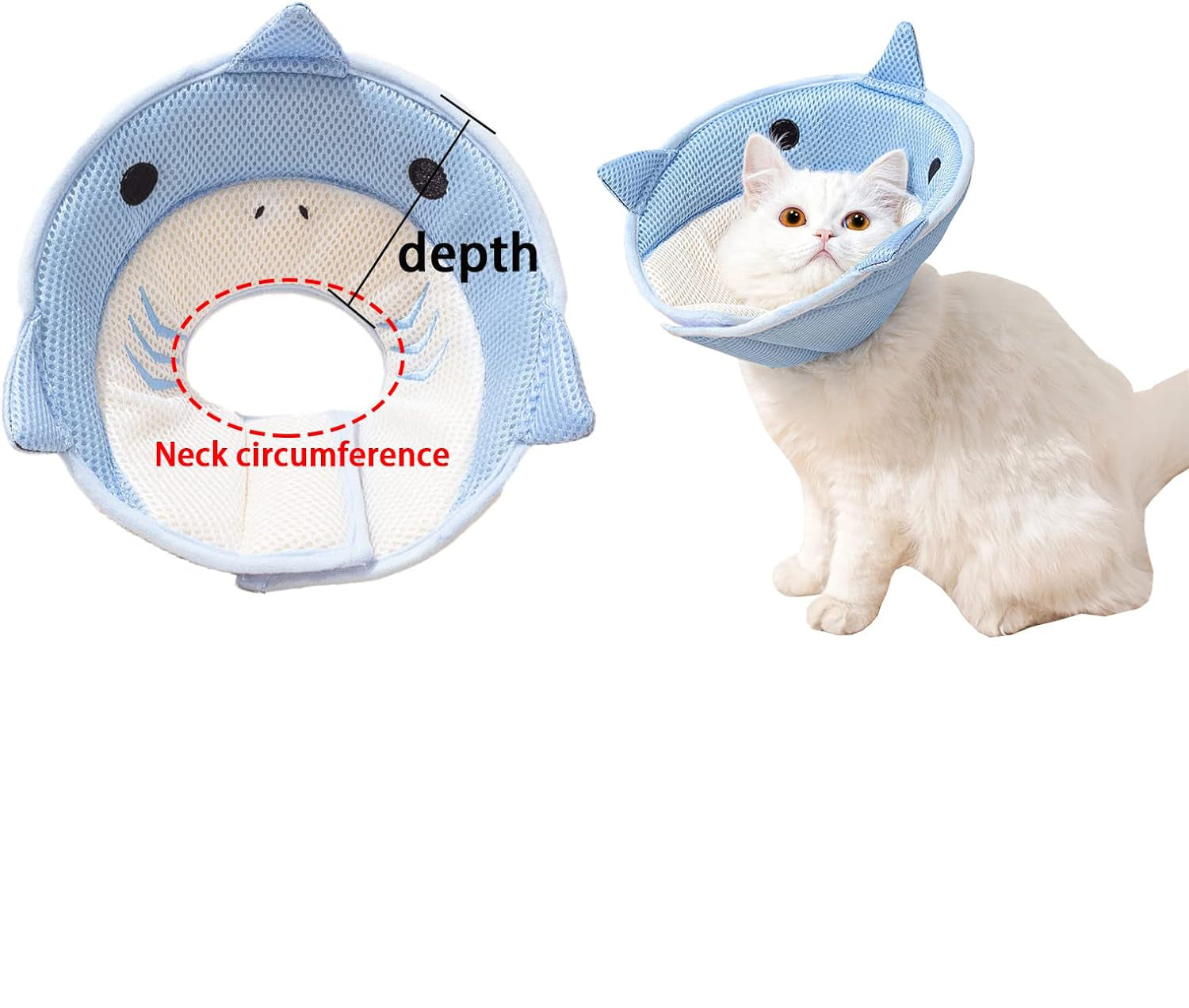 KFX-6993597 Soft and Breathable Shark-Shaped Recovery Cone for Cats and Kittens, Comfortable Neck Protection for Grooming and Post-Surgery Care