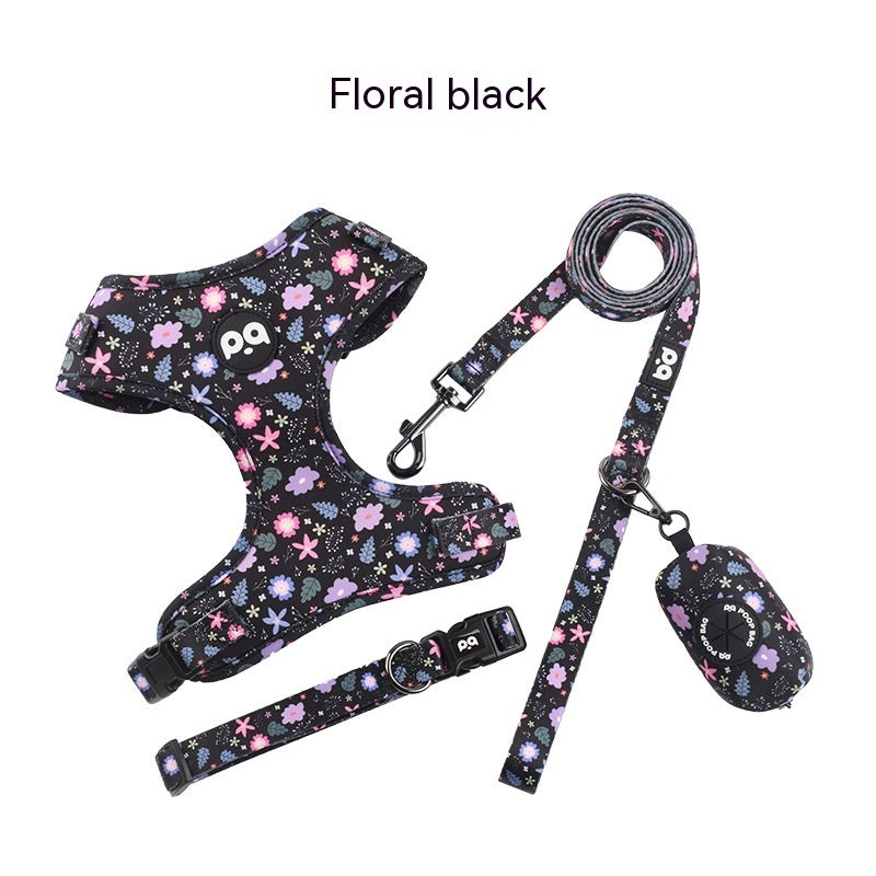KFX-6995389 Adjustable Pet Harness and Leash Set in Pink Purple Gradient, Sapphire Blue Gradient, Flower Black, and Daisy Pink with Collar and Waste Bag
