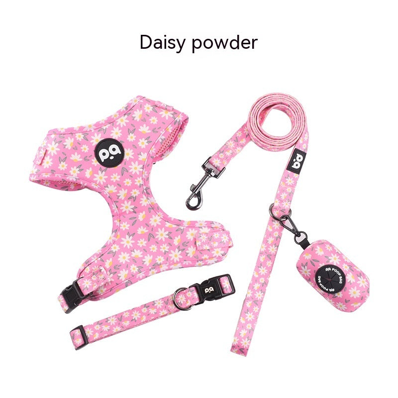 KFX-6995389 Adjustable Pet Harness and Leash Set in Pink Purple Gradient, Sapphire Blue Gradient, Flower Black, and Daisy Pink with Collar and Waste Bag