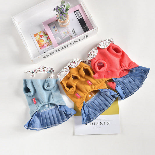 KFX-6996669 Pleated Skirt Dress for Pets in Blue, Red, Yellow – Arctic Velvet and Denim, Sizes XS-XXL