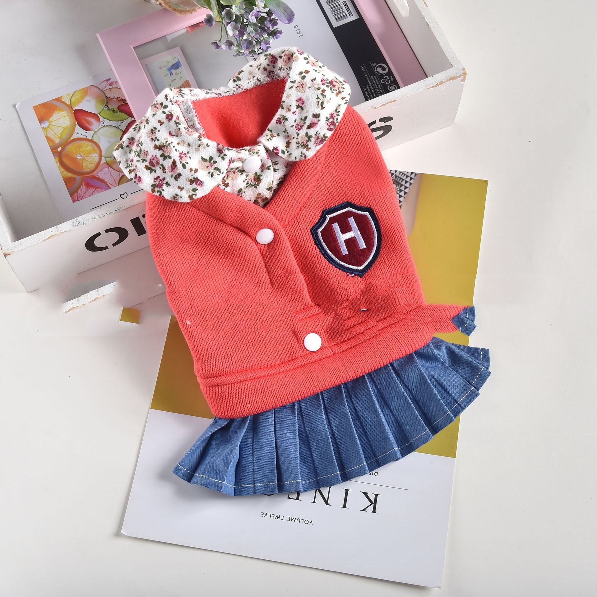 KFX-6996669 Pleated Skirt Dress for Pets in Blue, Red, Yellow – Arctic Velvet and Denim, Sizes XS-XXL