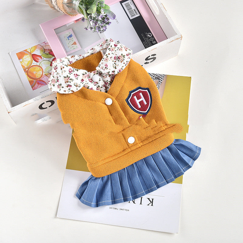 KFX-6996669 Pleated Skirt Dress for Pets in Blue, Red, Yellow – Arctic Velvet and Denim, Sizes XS-XXL