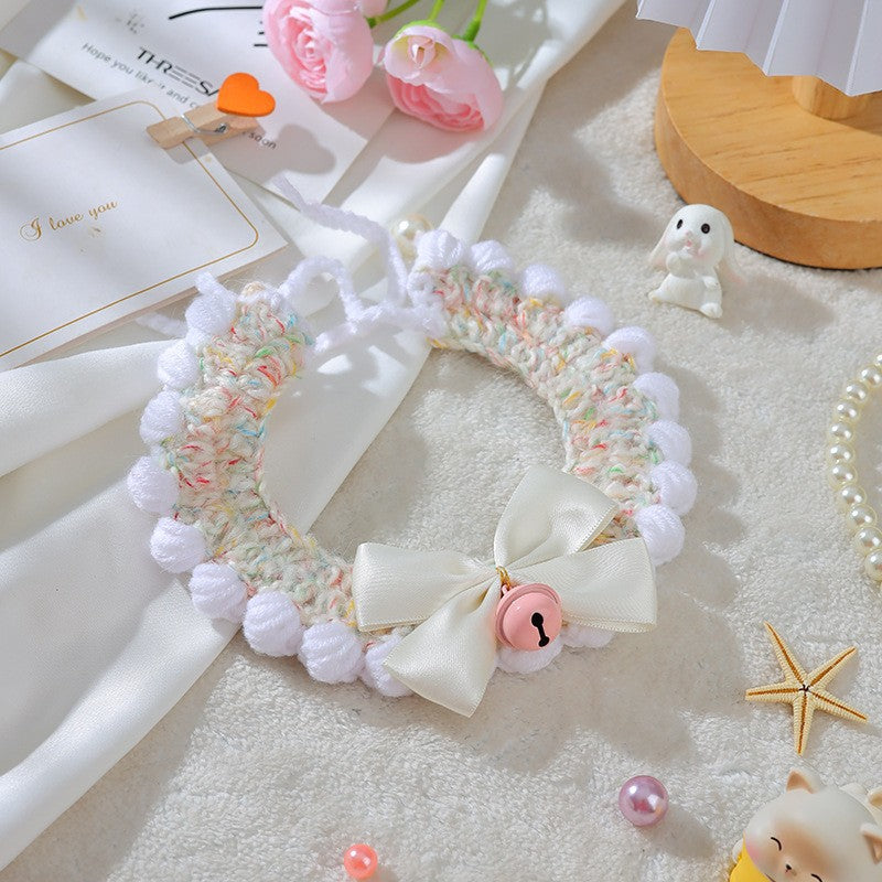 KFX-6997565 Handmade Wool Woven Collar for British Shorthair Kittens with Pink Bell Bow and Lace Accents