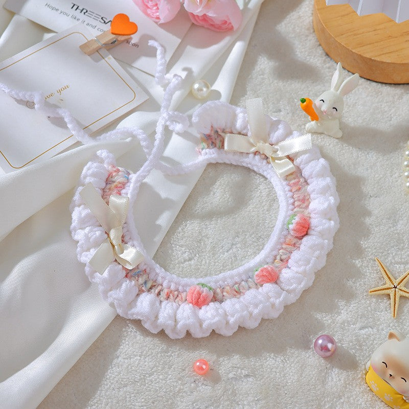 KFX-6997565 Handmade Wool Woven Collar for British Shorthair Kittens with Pink Bell Bow and Lace Accents